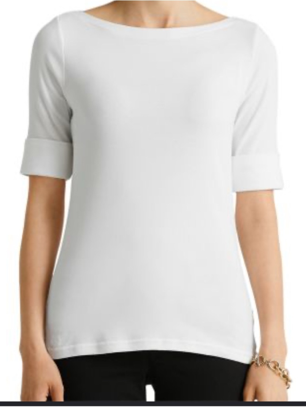 Ralph Lauren White Boatneck Elbow-Sleeve Cotton Tee